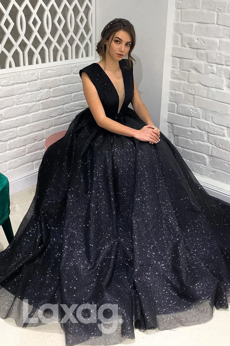 19736 - Attractive V-Neck Black Sparkly Prom Dress