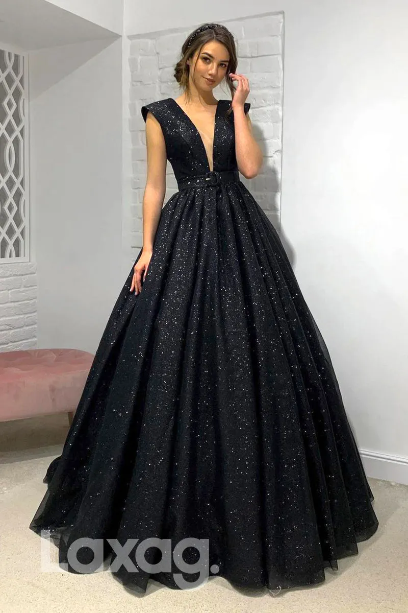 19736 - Attractive V-Neck Black Sparkly Prom Dress