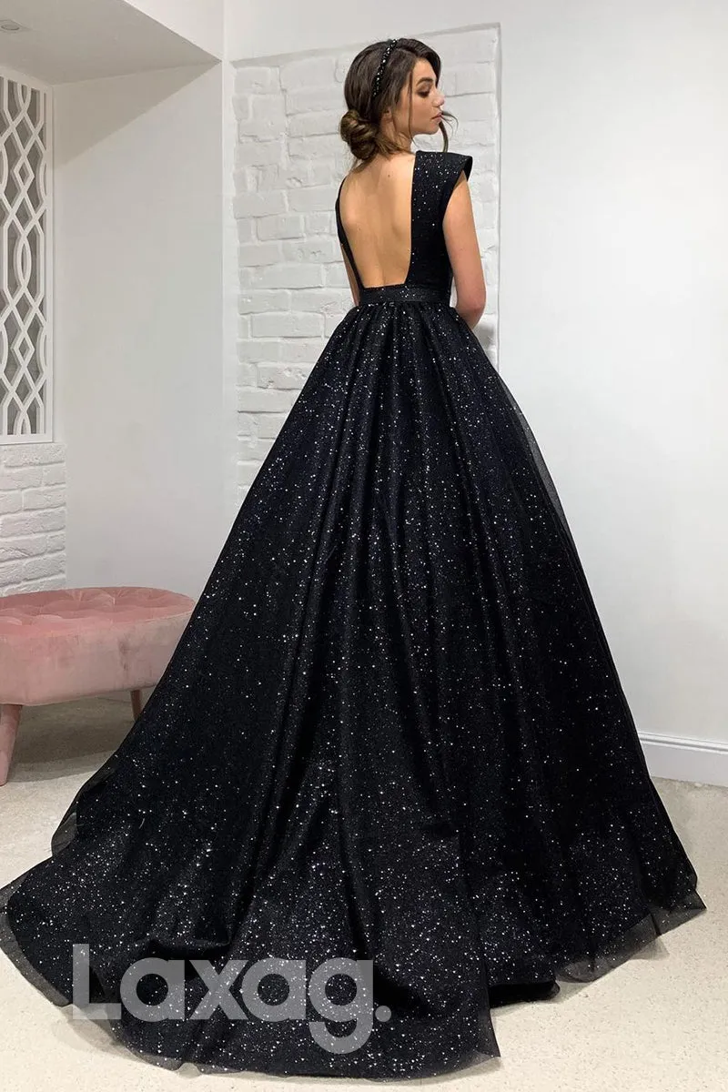 19736 - Attractive V-Neck Black Sparkly Prom Dress