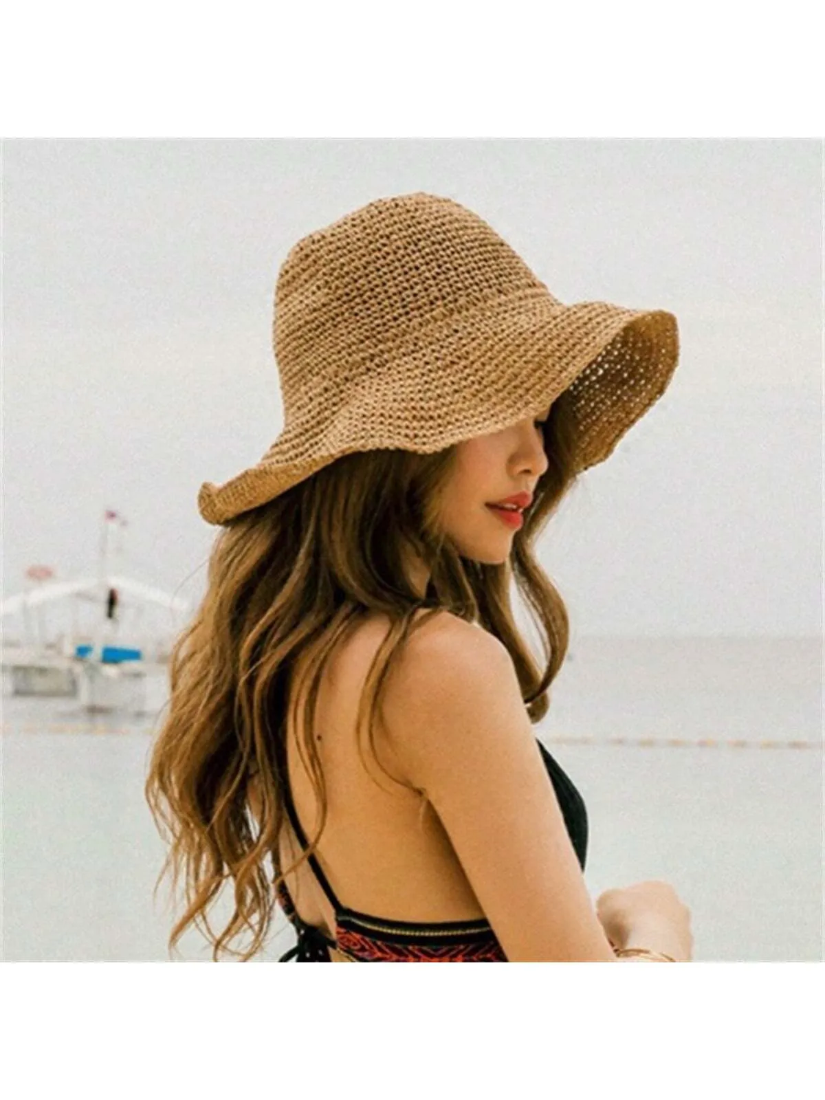 1pc Foldable Handmade Solid Color Crocheted Sun Hat, Women Beach Vacation Wide Brim Hat