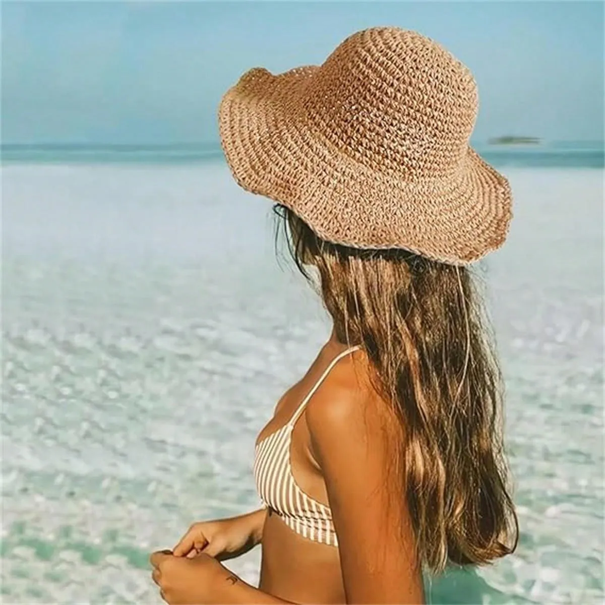 1pc Foldable Handmade Solid Color Crocheted Sun Hat, Women Beach Vacation Wide Brim Hat