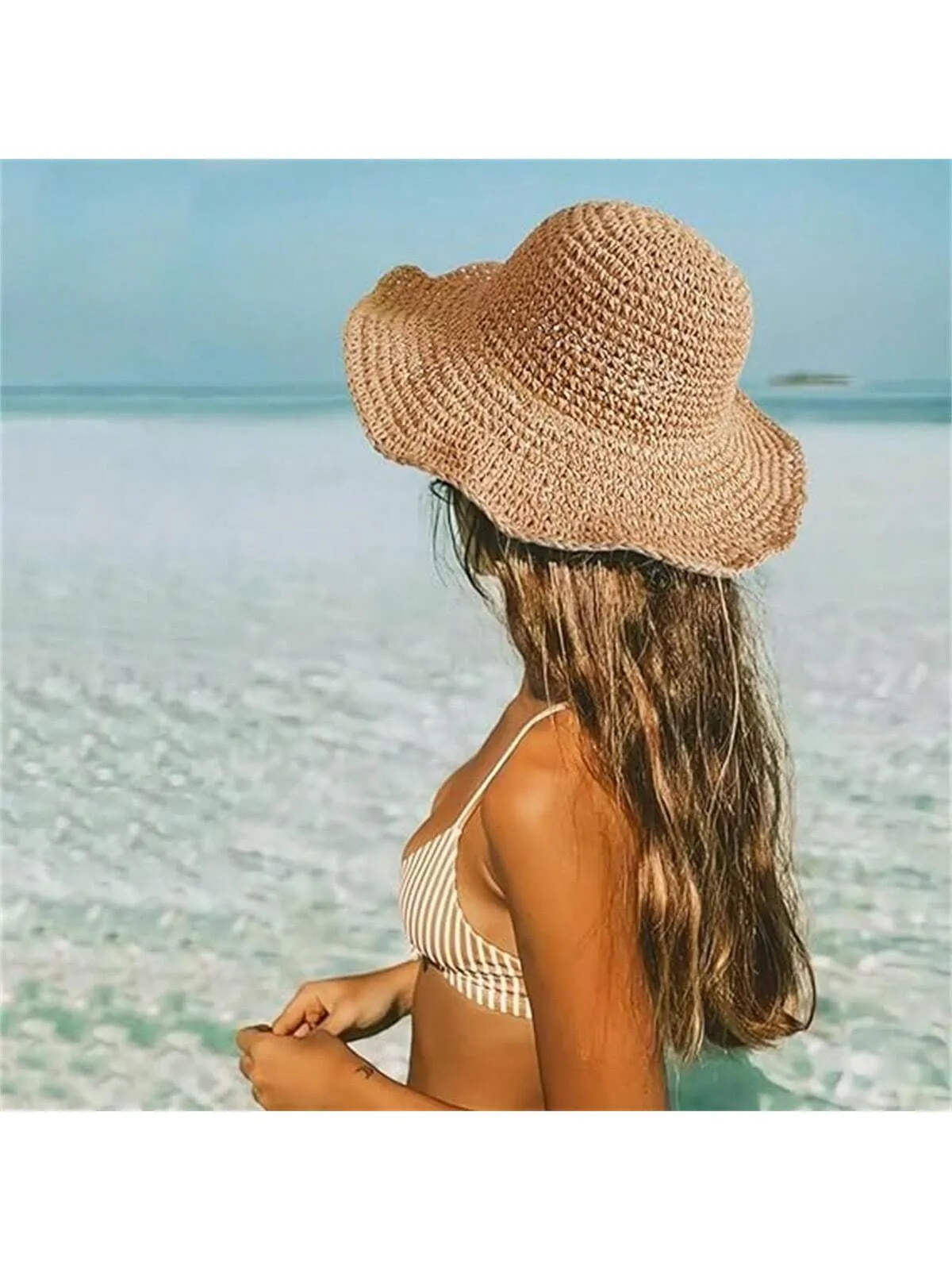 1pc Foldable Handmade Solid Color Crocheted Sun Hat, Women Beach Vacation Wide Brim Hat