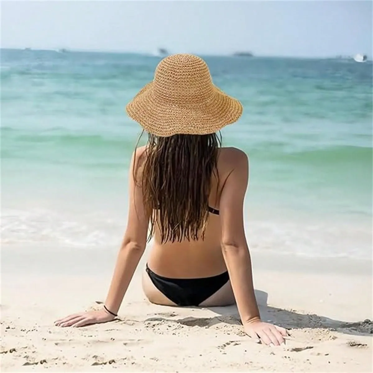 1pc Foldable Handmade Solid Color Crocheted Sun Hat, Women Beach Vacation Wide Brim Hat