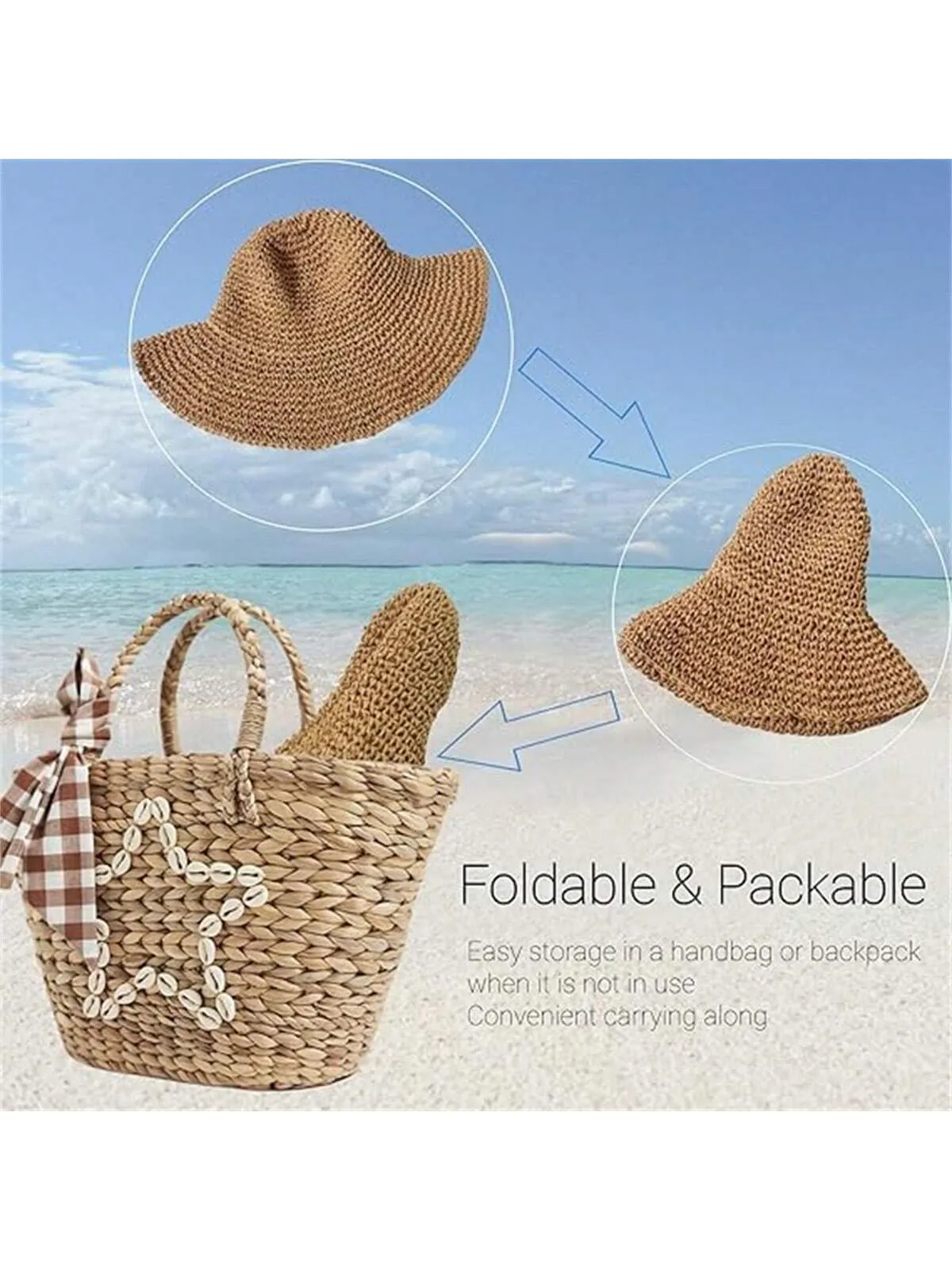 1pc Foldable Handmade Solid Color Crocheted Sun Hat, Women Beach Vacation Wide Brim Hat