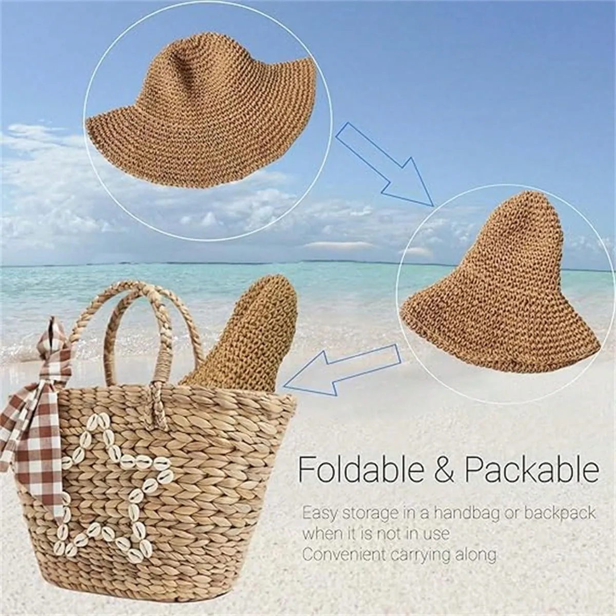 1pc Foldable Handmade Solid Color Crocheted Sun Hat, Women Beach Vacation Wide Brim Hat