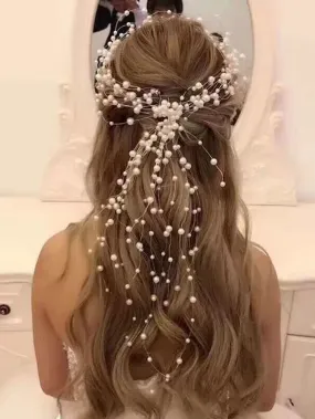 1pc Women's Silver Thread Multi-Layer Pearl Decor Hair Band With Extended Elastic Hair Ties Boho Tiaras