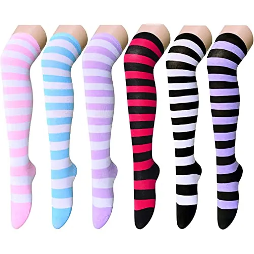 6 Pair Kawaii Stripe Printed Thigh High Socks, Over Knee Long Socks, Cosplay Party Cute Uniform Over knee Socks, Women Sock