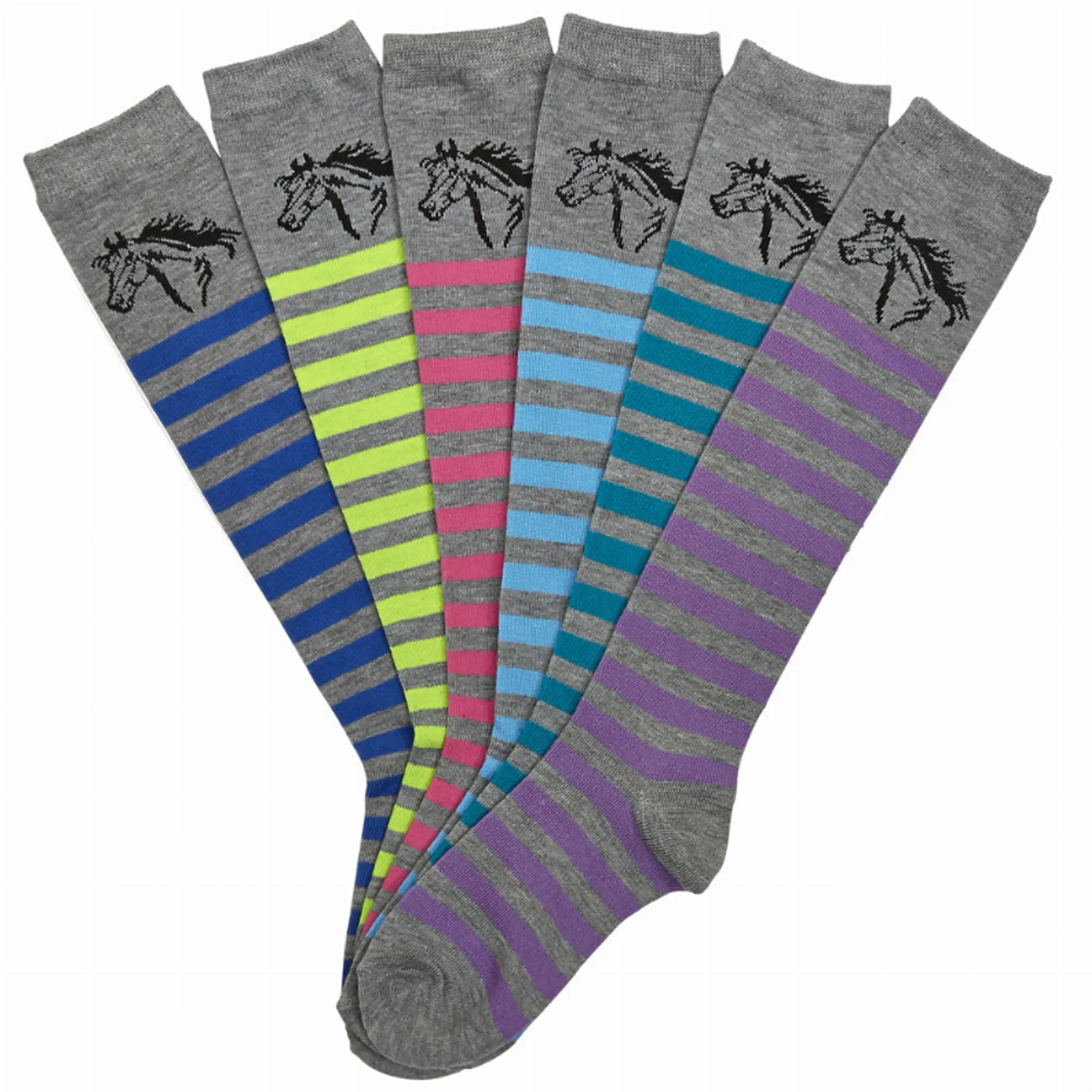 AWST Int'l. "Lila" Horse Head Striped Knee-6 pack High Socks