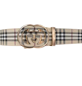 Beige Plaid Men's Fashion Design Luxury Leather Belt Gold Buckle