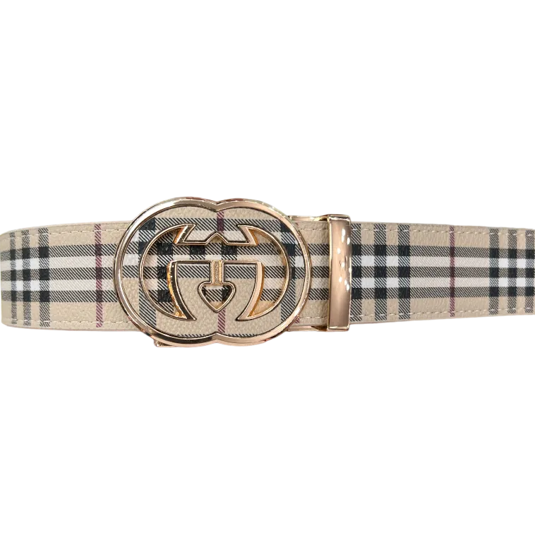 Beige Plaid Men's Fashion Design Luxury Leather Belt Gold Buckle