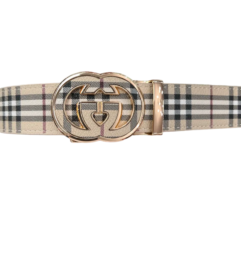 Beige Plaid Men's Fashion Design Luxury Leather Belt Gold Buckle