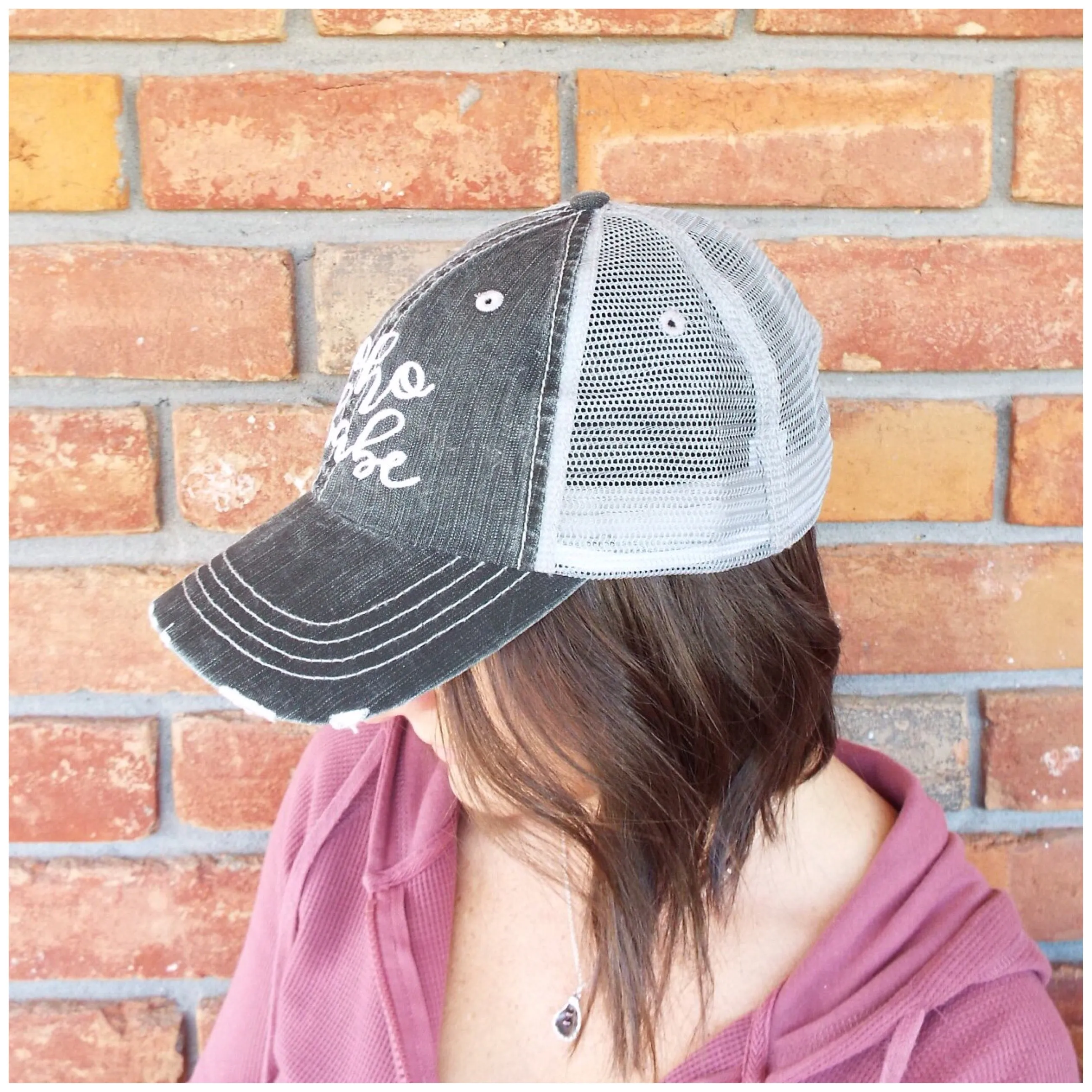 “Boho Babe” Distressed Embroidered Trucker Hat Mesh Back Adjustable Dark Gray OS