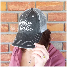 “Boho Babe” Distressed Embroidered Trucker Hat Mesh Back Adjustable Dark Gray OS