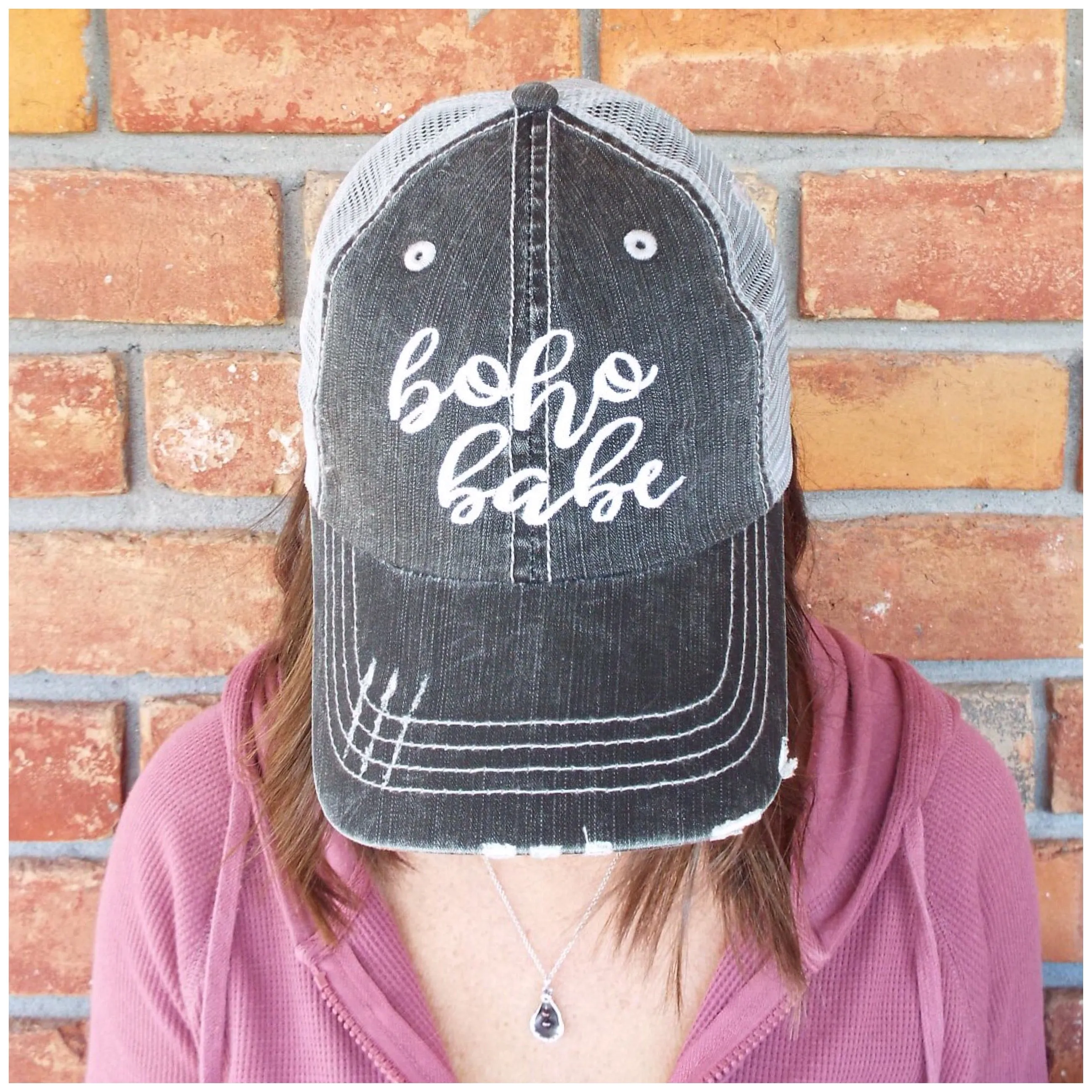 “Boho Babe” Distressed Embroidered Trucker Hat Mesh Back Adjustable Dark Gray OS