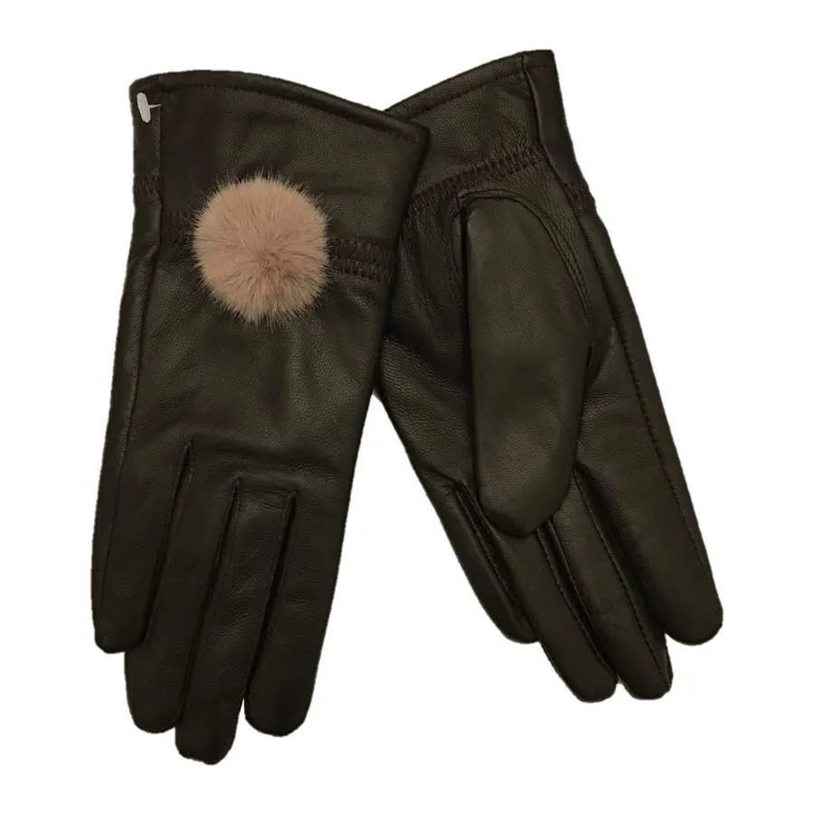 Brown Leather Gloves With Taupe Faux Fur Pompoms