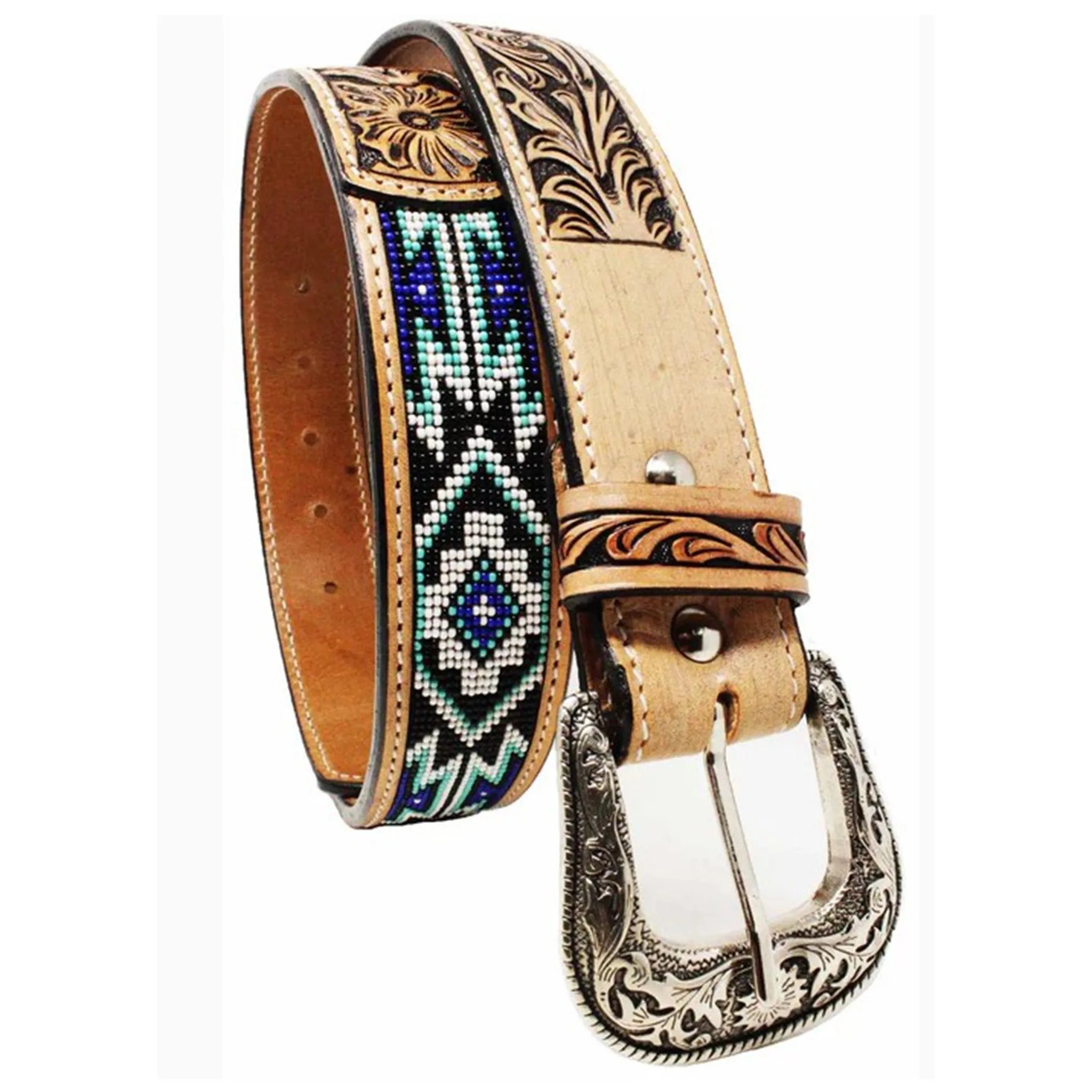 Challenger Horse Wear Men's Western Antique Floral Tooled Beaded Belt