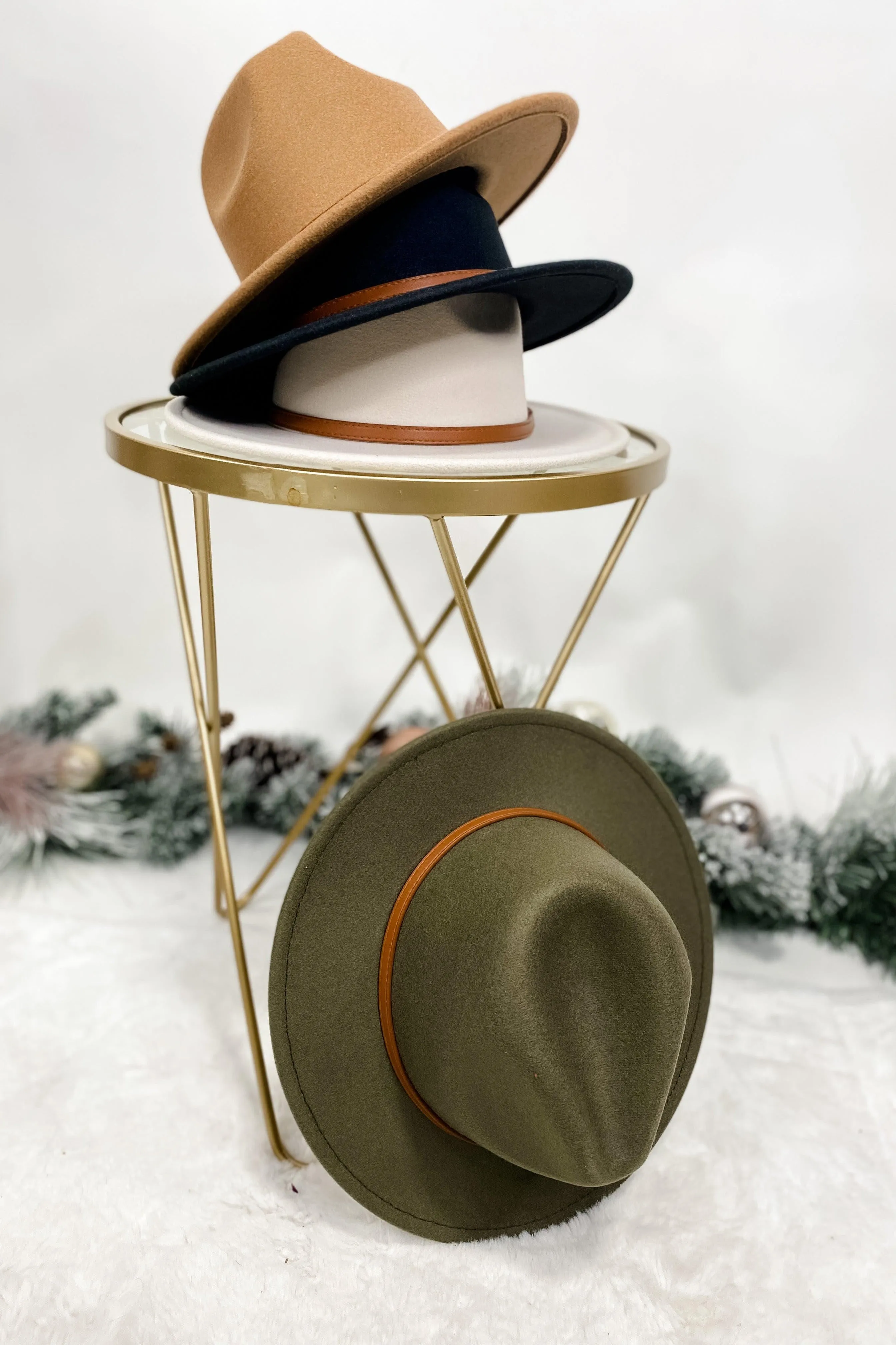 Got A Feeling- {Black, Ivory, Olive & Taupe} Brim Felt Hat w/ Skinny Belt