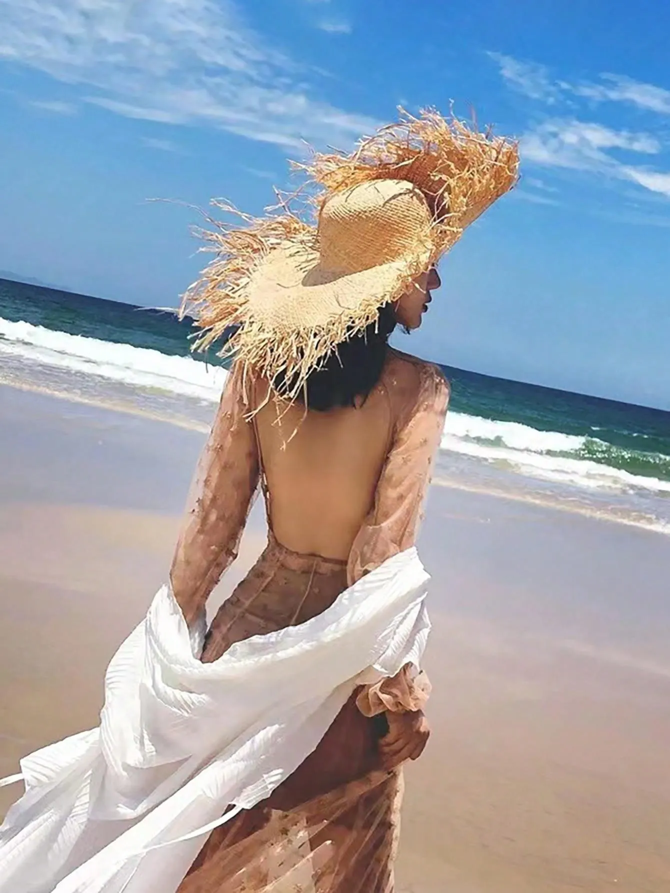 Oversized Wide Brim Hats Boho Raw Hem Sun Hat Elegant Summer Straw Hats Trendy Khaki Travel Beach Hats For Women Girls