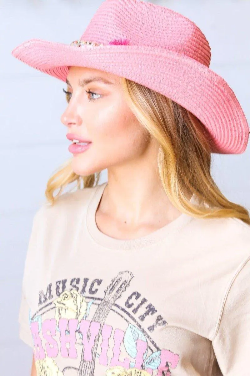 Pink Braided Tassel Straw Fedora