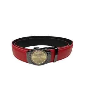 Red Men's Belt Genuine Leather watch Black Buckle