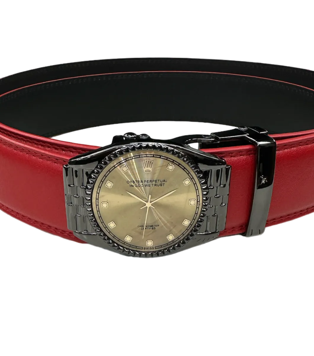 Red Men's Belt Genuine Leather watch Black Buckle