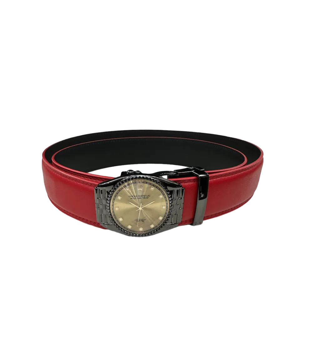 Red Men's Belt Genuine Leather watch Black Buckle