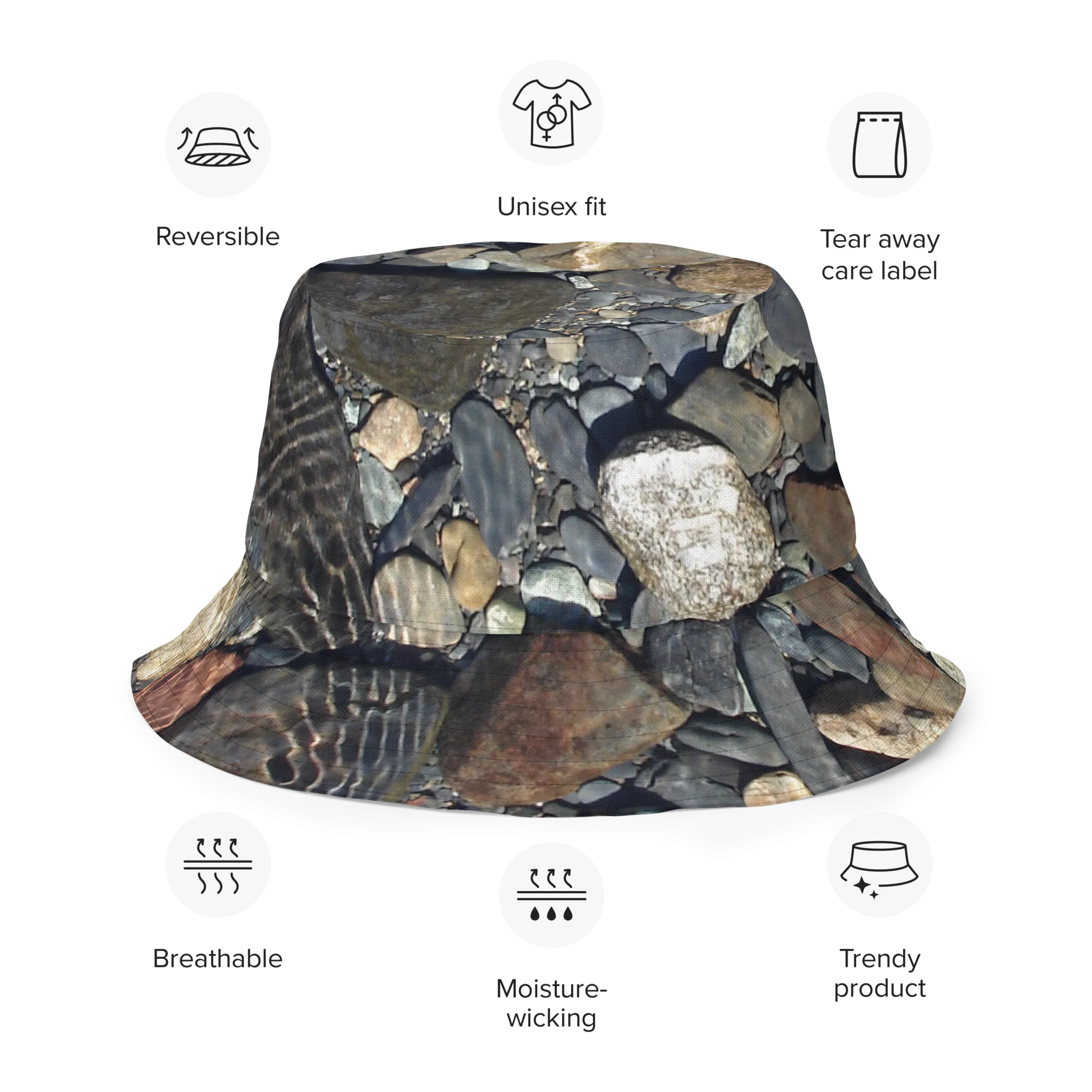 The EARTH LOVE Collection - "Rock Renaissance" Design Premium Reversible Bucket Hat - Light Beige Inside - Beach Hat, Gifts for Her, Gifts for Him