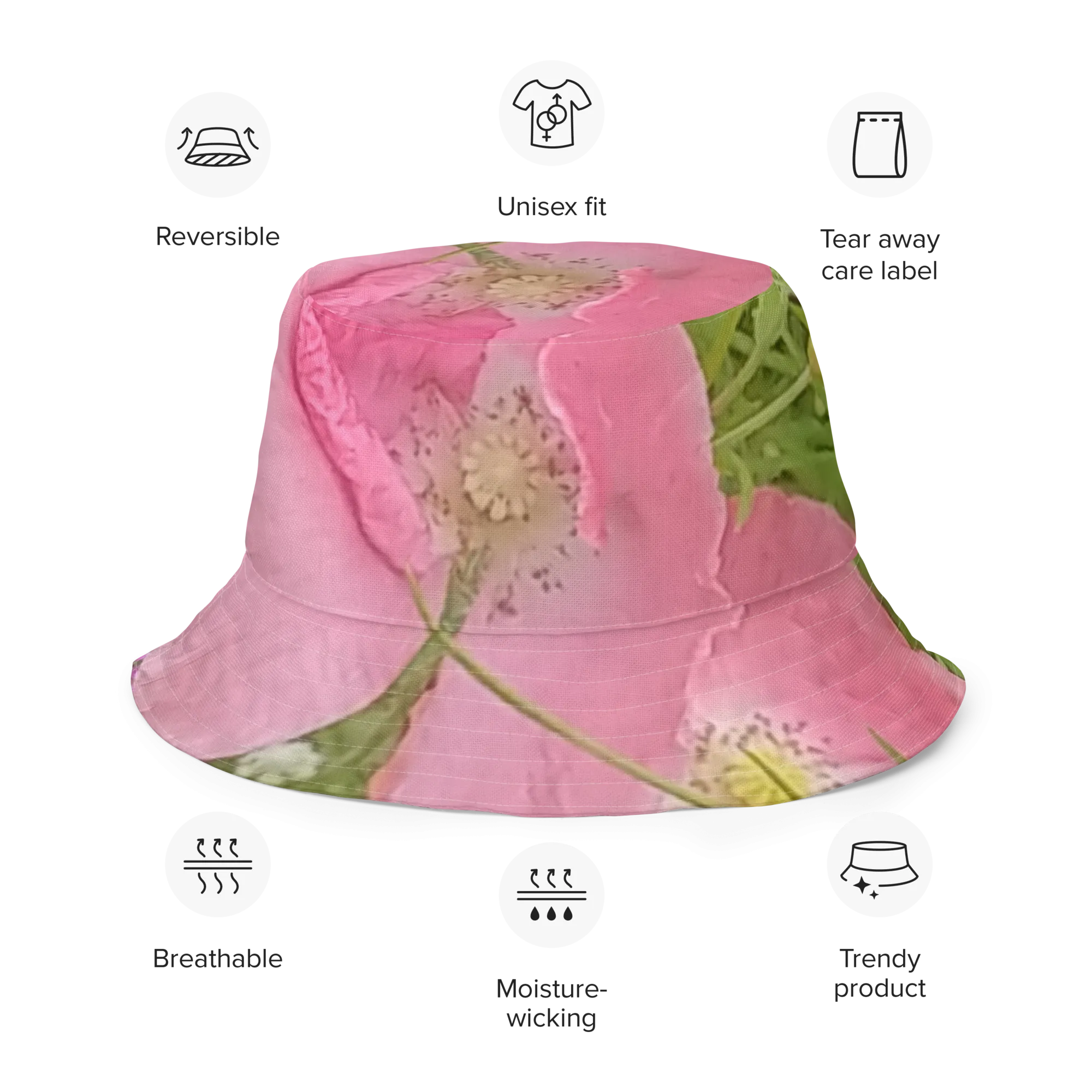 The FLOWER LOVE Collection - "Pretty Pink Poppies" Design Premium Reversible Bucket Hat - Green Inside - Beach Hat, Gifts for Her