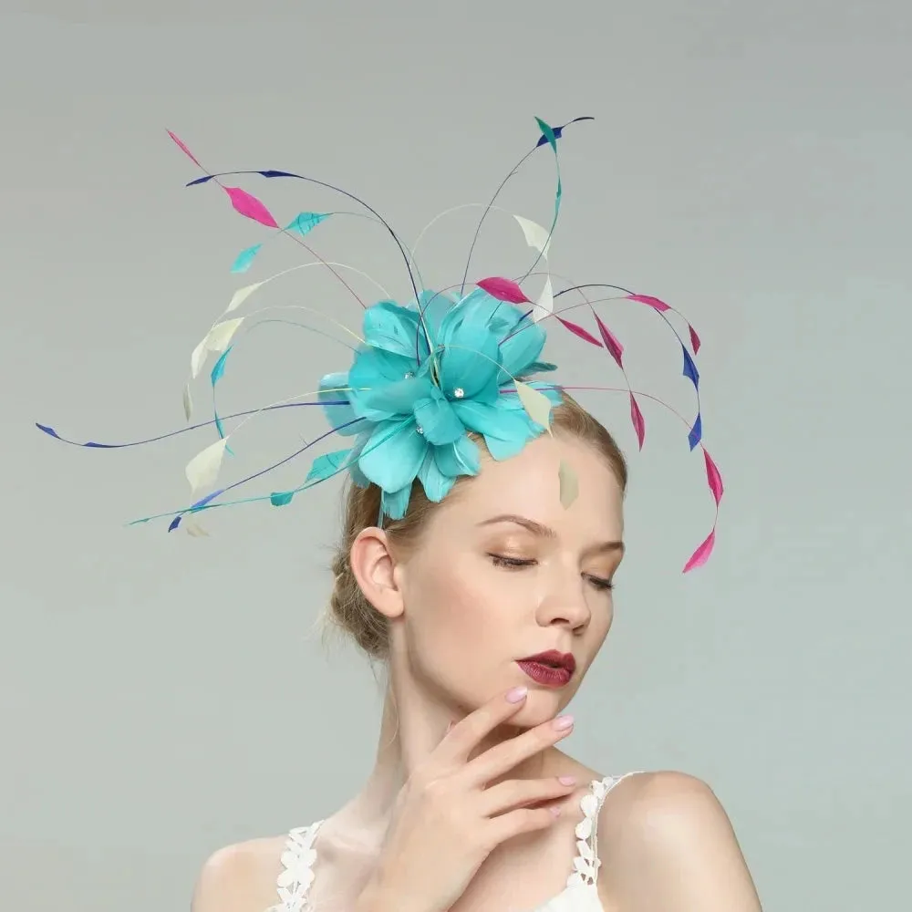 Turquoise Feather Fascinator Headband Hats Spring Race Season