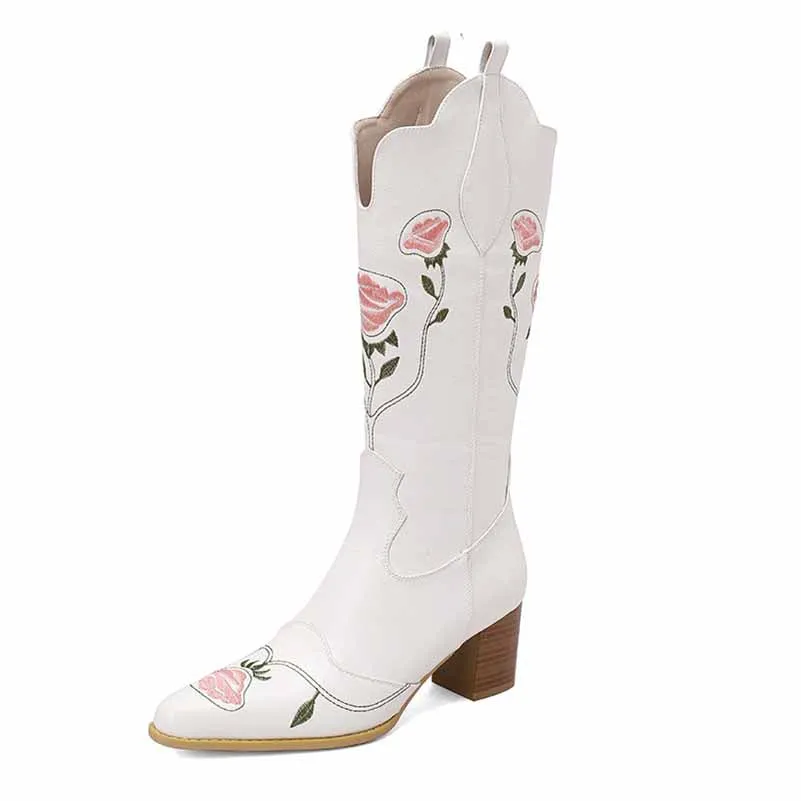 US4.5-US13 Women's Embroidered Cowgirl Boots Knee Length Country Theme Boots in white,black,brown color